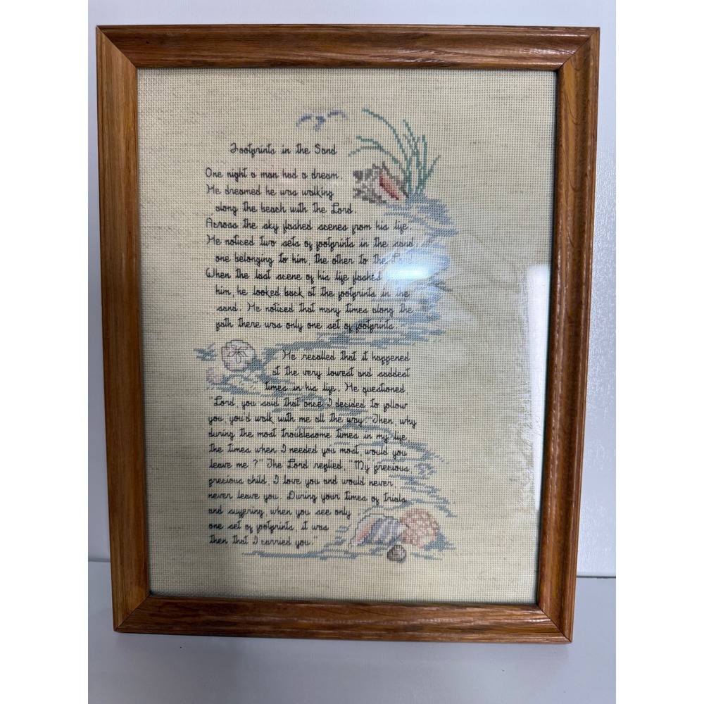 Vintage Footprints in the Sand Cross Stitch Framed Art Poem Beach Decor 12x14